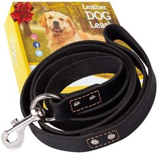 Leather Dog Leash 6 Feet x 3/4 Inch Black Heavy Duty For Large Medium Breed