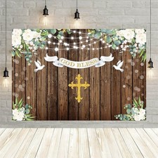 God Bless Backdrop 7x5ft White Floral Wood for First Communion Baptism