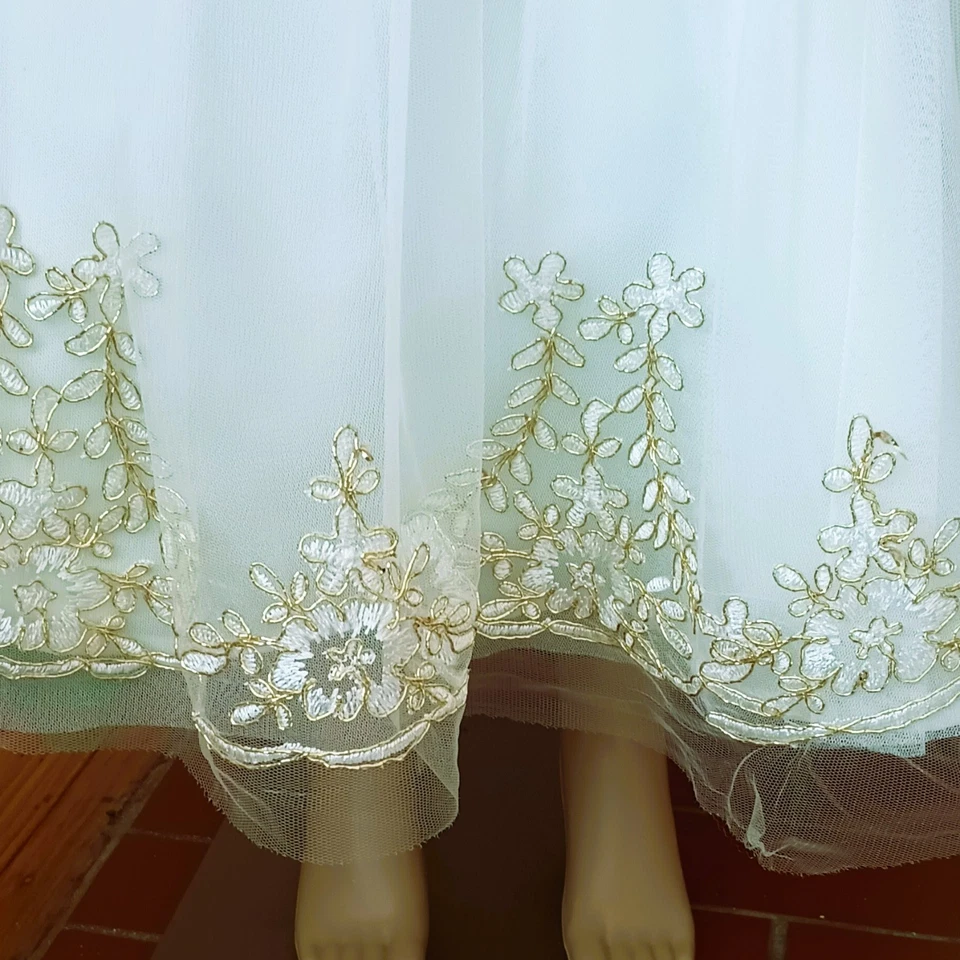 Rare Too Ivory Gold Beaded Dress 8 Holiday Tulle with Cap Sleeves & Tan Sweater - Image 4 of 4