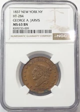 1837 New York NY Hard Times Token NGC MS-63 BN HT-284 George A. Jarvis