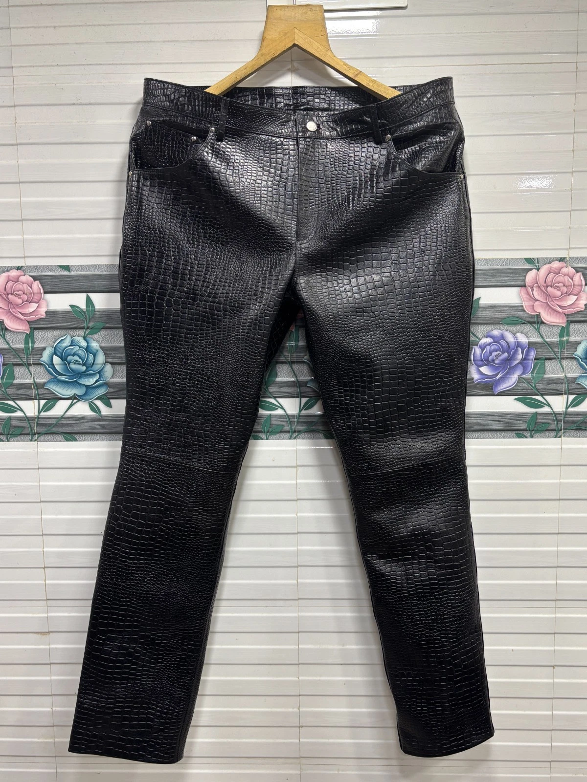 Men's Genuine Cowhide Leather Black Croco Pant Motorcycle Biker Luxury Trousers