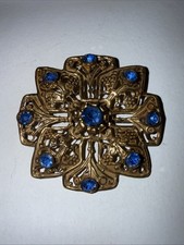 Antique Victorian Czech C Clasp Filigree Flower blue Rhinestones Brooch