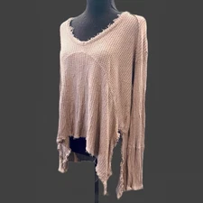 Free People Distressed Waffle Weave Taupe Blouse Top XS