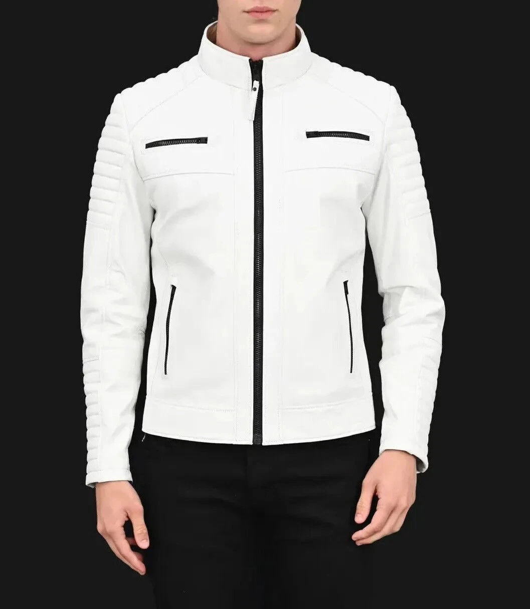 VETEMENTS Giacca biker uomo pelle di agnello bianca cappotto moda moto