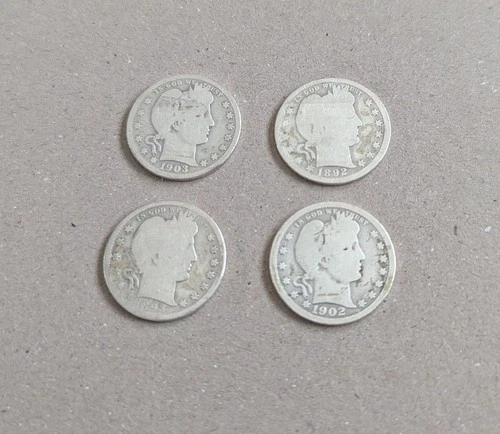 US coins Four Barber Quarters 1892,1893, 1902 and 1903.