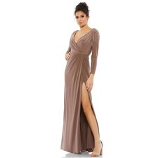 Mac Duggal NEW Mocha Jersey Beaded Pearl Crystal High Slit Maxi Dress Size 2