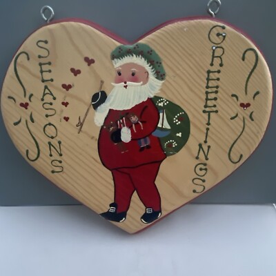 Wood Christmas Wall Decor 1995 JDI Fallbrook CA Wood Heart Santa Hand painted