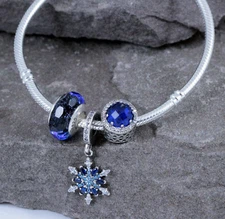 .925 Sterling Silver CZ European Bracelet Bangle W/ Charms Beads Blue Snowflake