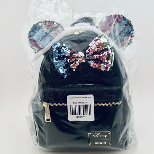 Loungefly Minnie Mouse Rainbow Sequin Ears Bow Black Mini Backpack BoxLunch NEW