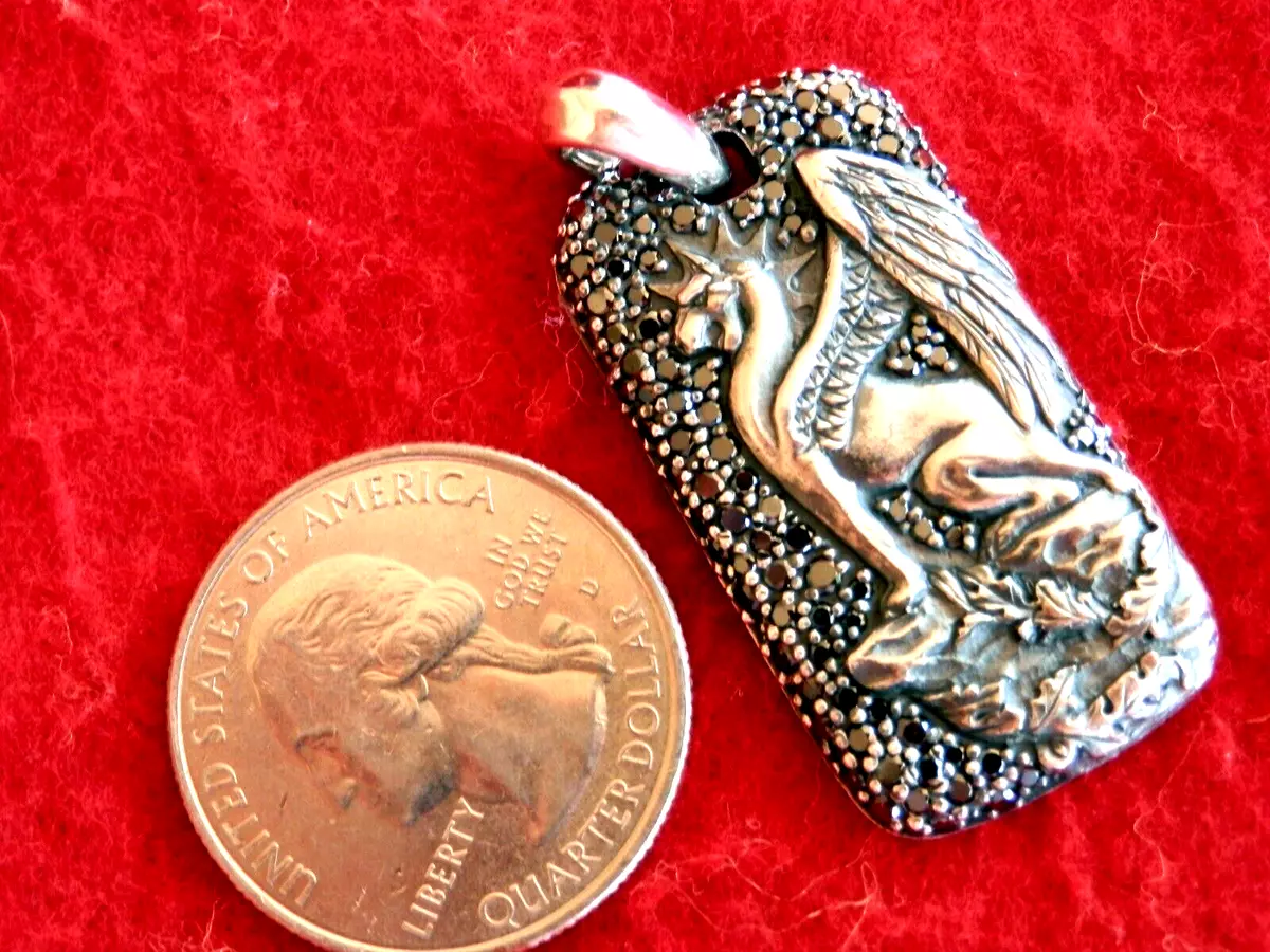 David Yurman Sterling Silver BLACK DIAMOND GRIFFIN DRAGON Dog Tag