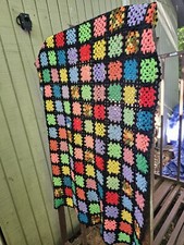 VTG Granny Square Black Afghan Crochet Throw Lap Stadium Blanket Roseanne 36x52