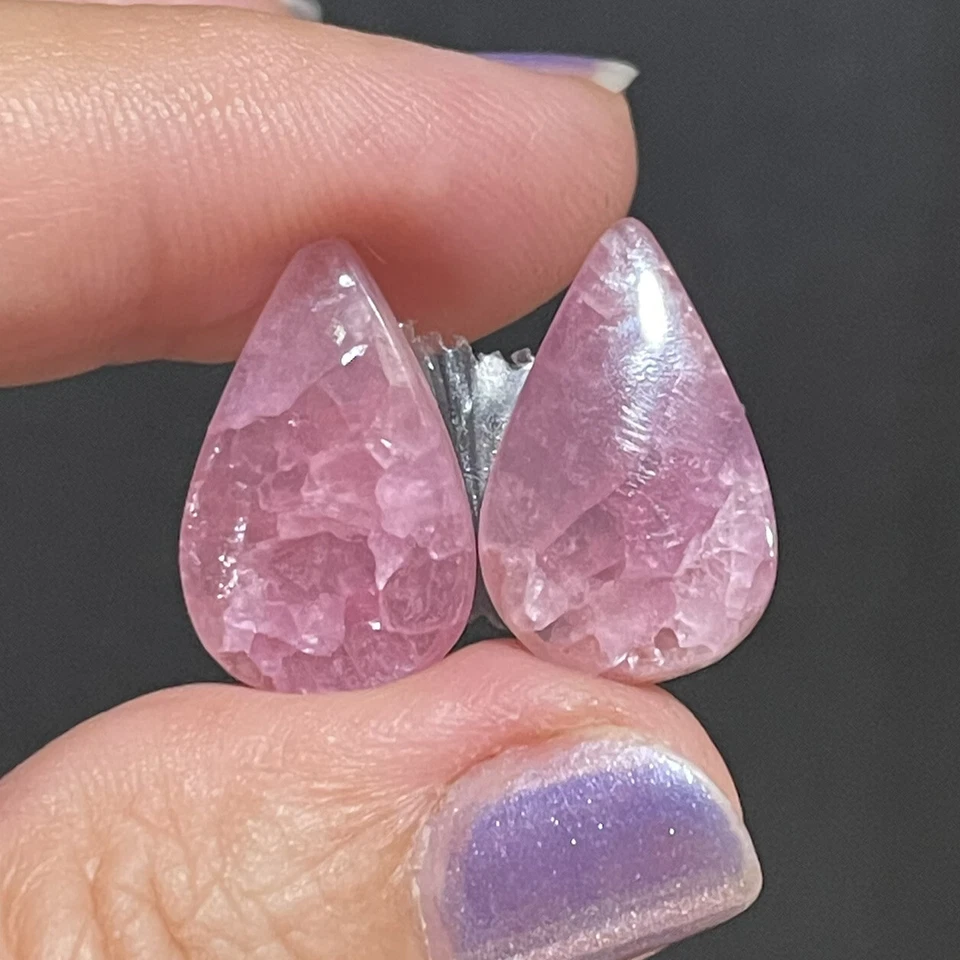 13.2ct 19.6x12.2x3mm Pair Smooth Pink Cobalt Calcite Teardrop Cabochons Gems - Image 2 of 4