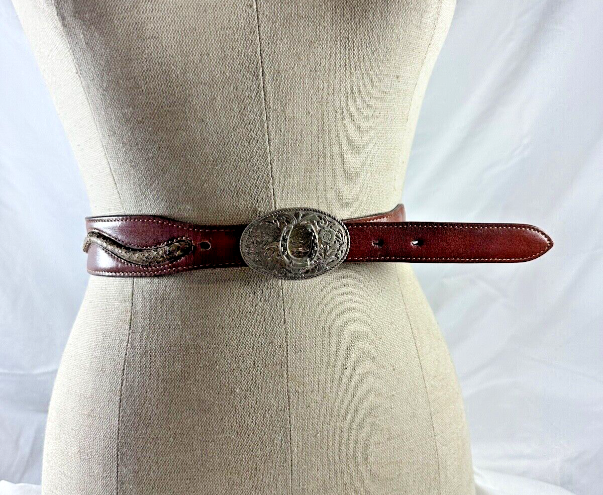 Genuine vintage brown leather leather belt with snake trim 