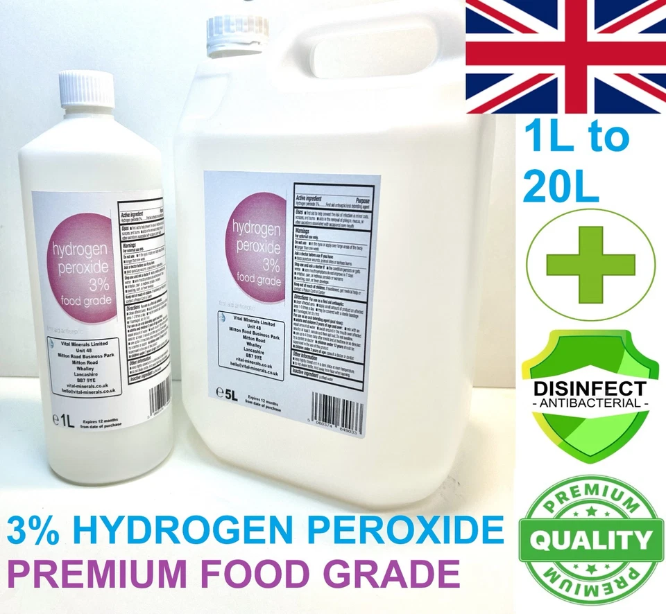 VITAL MINERALS Hydrogen Peroxide 3% Food Grade Multi Surface Cleaner Sanitiser 1L-20L Free P&P