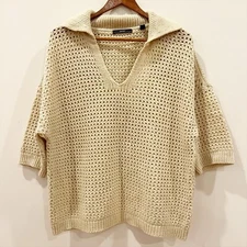 Esprit Sweater Womens Medium Beige Wool Alpaca Crochet Open Knit Short Sleeve