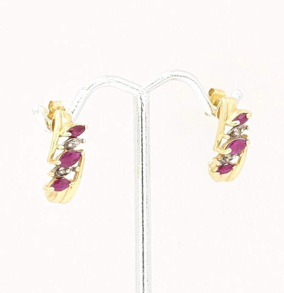 14K 2.9g Solid Yellow Gold Marquise Cut Ruby & Diamond Huggie Jacket Earrings - Image 4 of 4