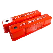 Orange Cast Aluminum Tall Valve Covers Chevy Logo Small Block Chevy SBC 327 400