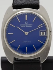 Universal Geneve White Shadow Thin Cushion Case Blue Dial Watch 1-67 Micro-rotor