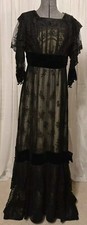Edwardian Black Chantilly Lace Tassels  Velvet Trim Gown