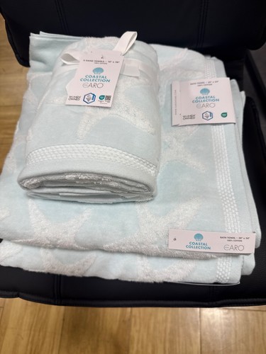 (4) CARO Coastal Collection Light Aqua Starfish Bath Hand Towels ~New ~ - Picture 2 of 5