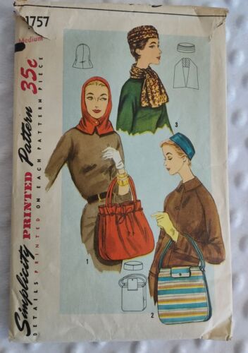 Vintage Pattern Simplicity 1757 c1940s Hat Purse Handbag Scarf & More Medium 50s - 第 1/12 張圖片