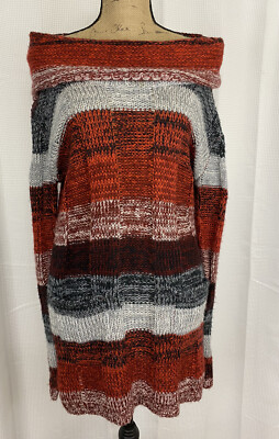 NEW Bobbie Brooks Women Knit Sweater Long Tunic Cowl Neck Sz L Top Burgundy Gray
