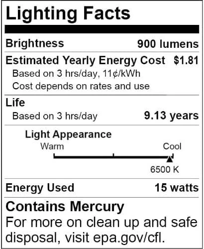 2Pack CFL Light Bulb, T3 Spiral Fluorescent Light, 15W(60W), 6500K, E26, 900LM - Image 3 of 3