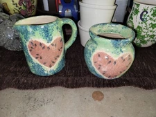 Vintage Rowe Influenced Pottery Works Creamer Pitcher Green Heart Salt Glazed 🍉