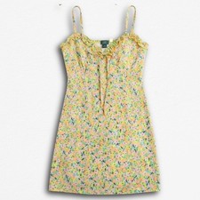 Wild Fable Yellow Floral Ruffle Tie Front Mini Dress XXS Sleeveless Smocked Back