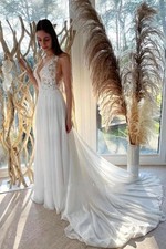 Bohemian A-line Wedding Dress with Deep V-neck Lace Chiffon Beach Bridal Gown