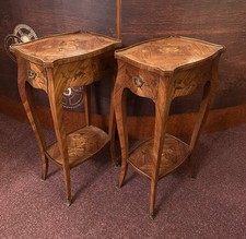 Coppia tavolini intarsiati con cassetto ripiano ferramenta ottone