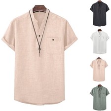 Men's Linen Style Stand Collar Henley Shirt Short Sleeve Casual Summer Top