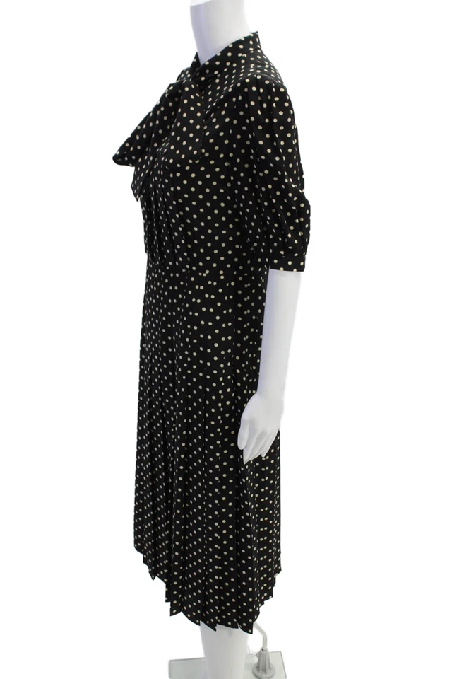 Celine Womens Short Sleeve Tie Neck Silk Polka Dot Dress Black White FR 38 - Image 2 of 4