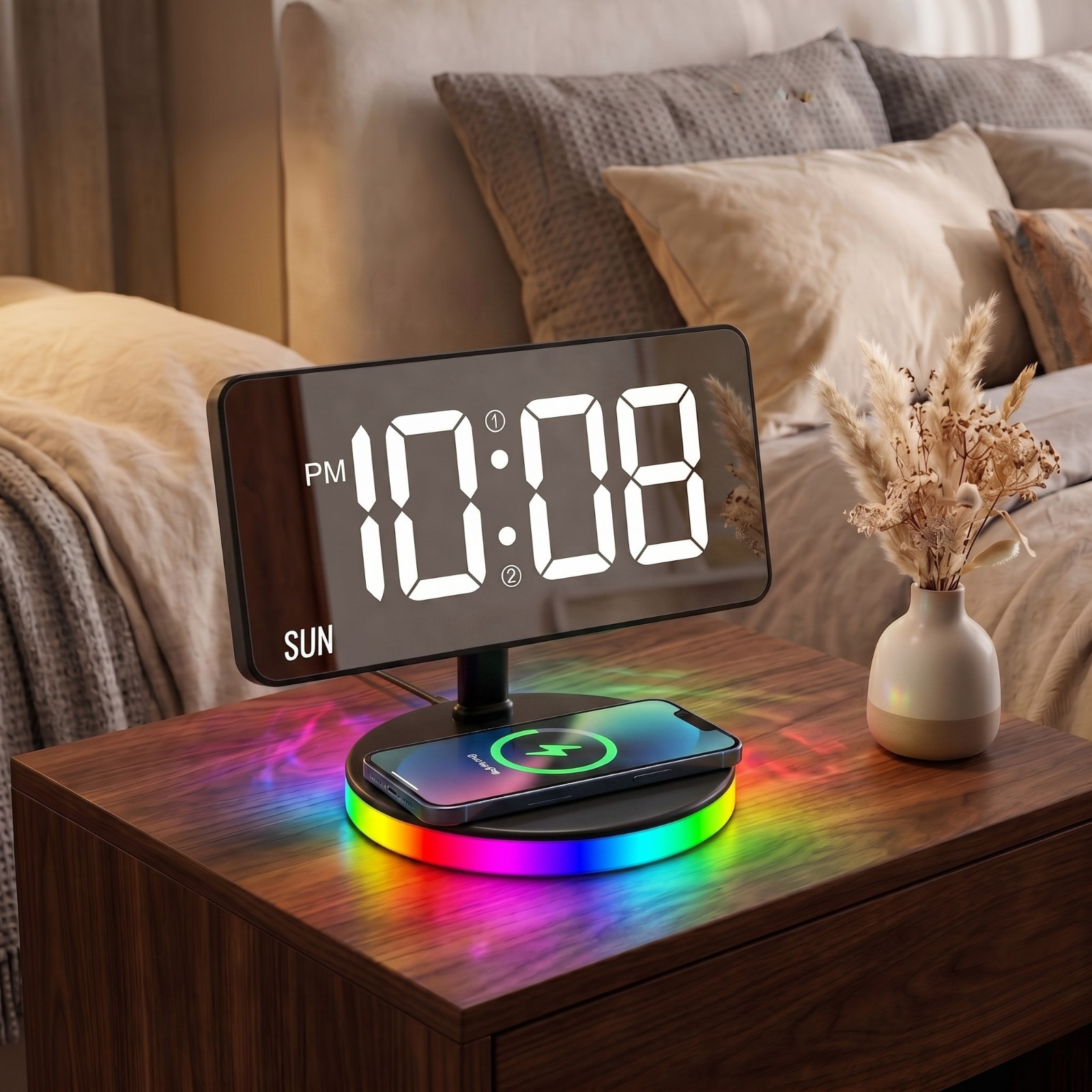 Wireless Charging Alarm Clock Mirror Display RGB Night Light 15W Day Dual Alarm