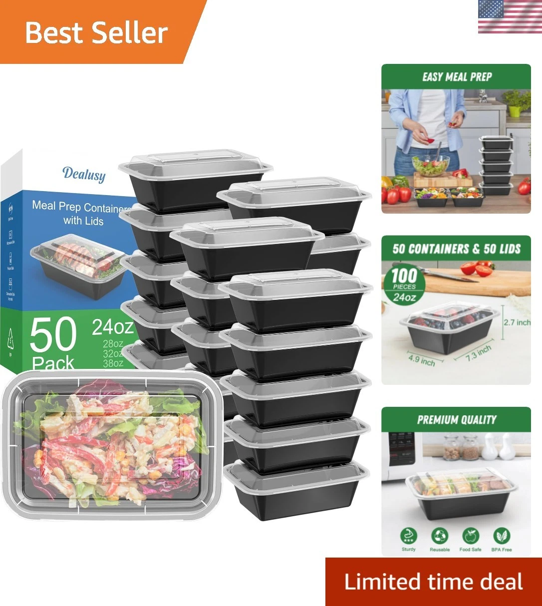 50 Pack 100-Piece 24 oz Meal Prep Containers Reusable with Lids, Sturdy Leakp...