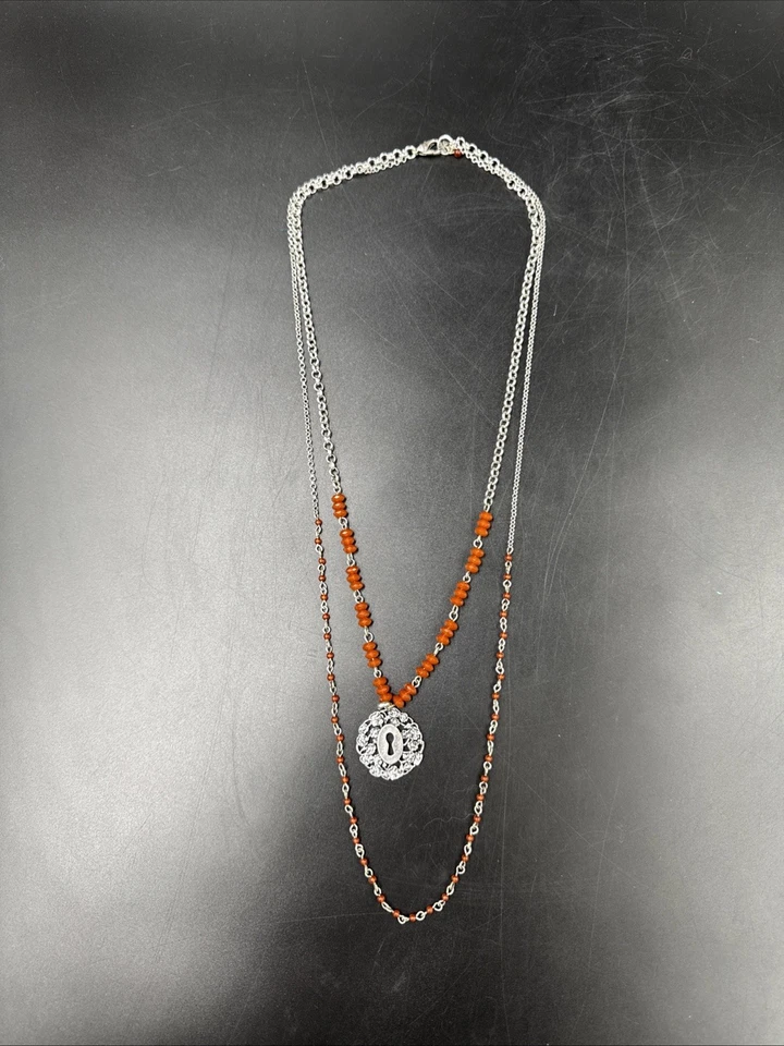 LUCKY BRAND Collar Ajustable Tono Plata Cerradura Con Flores Acentos Naranja Foto 4 de 4