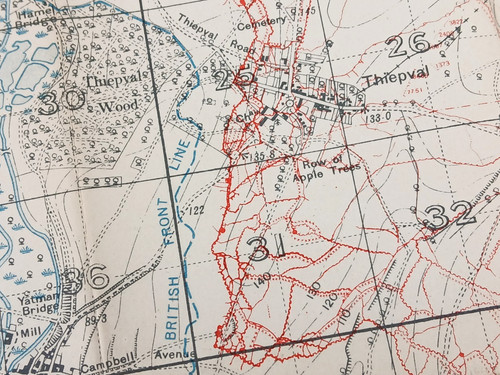 WW1 BATTLE of THE SOMME TRENCH MAP featuring THIEPVAL, BEAUMONT-HAMEL, POZIERES
