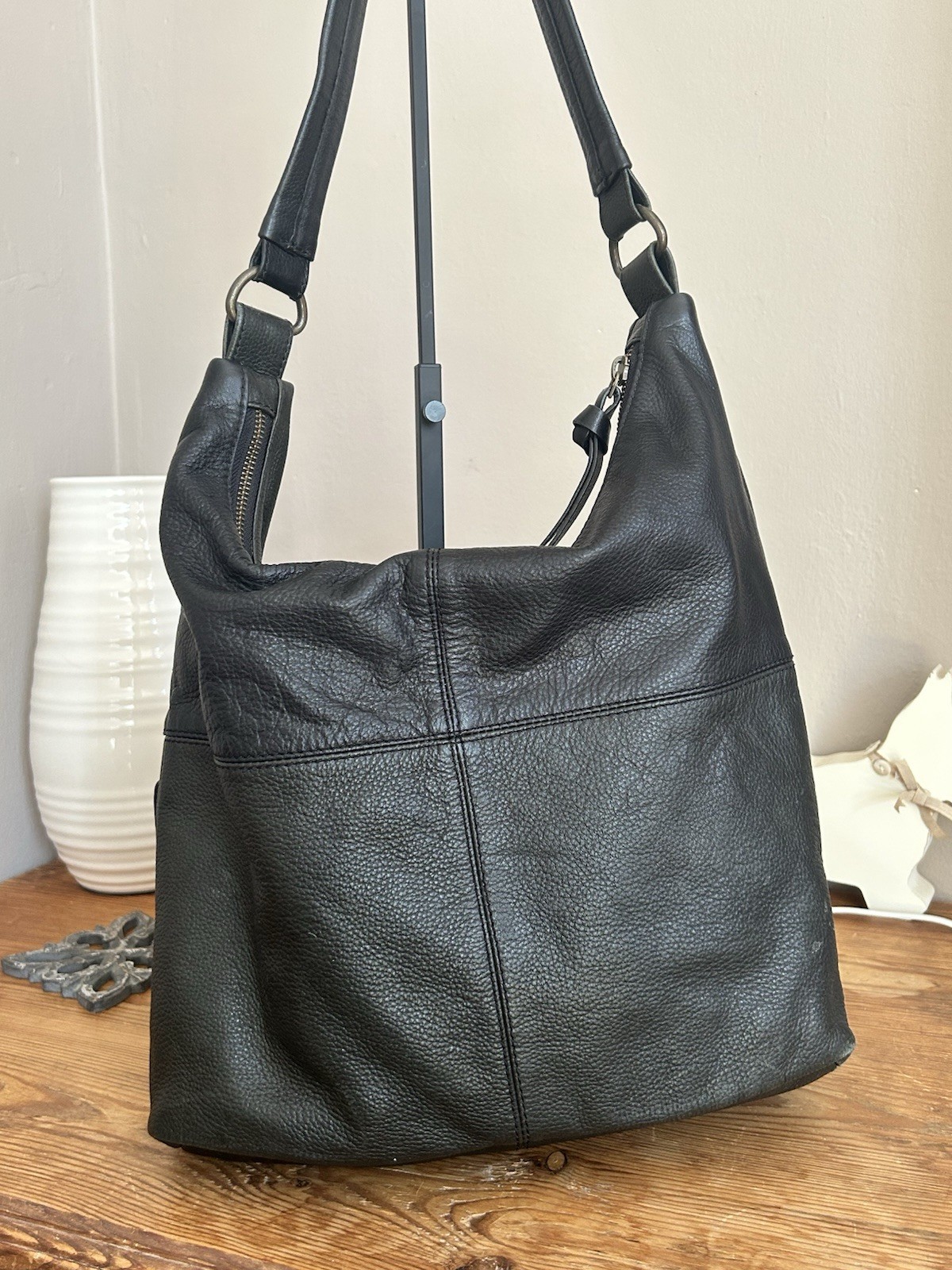 FatFace Black Genuine Leather Slouchy Shoulder Bag Hobo Buckle Multi Pocket image 7