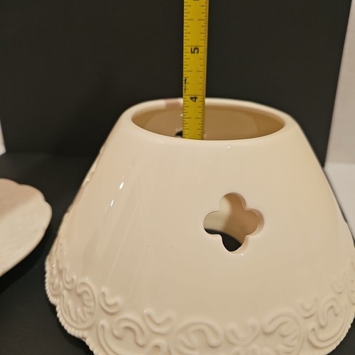 Yankee Candle SHADE and PLATE for Large Jar Ivory Washed Lace Design Ceramic New - Picture 12 of 13