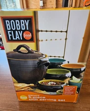 Bobby Flay PLANCHA Chili Stew Bean Pot + 4 Bowls - New