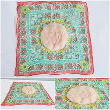 Vintage Puderquaste Taschentuch 30er Jahre Blumen bedruckt Daunen Chiffon 30s