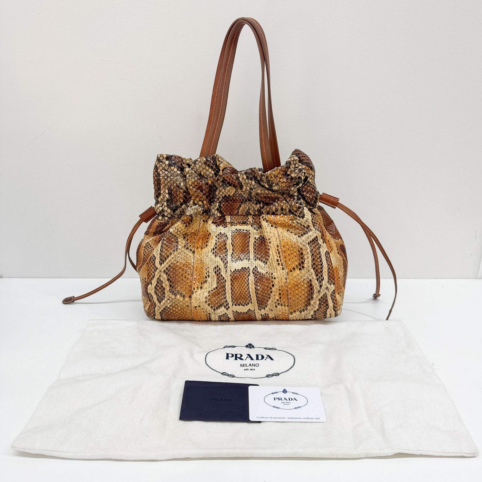 PRADA Drawstring Amber Python Embossed Leather Sh… - image 4