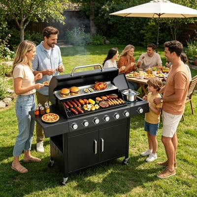 6 Burner Gas Grill with Side Burner, Cast Iron Grates Porcelain Lid Warming Rack