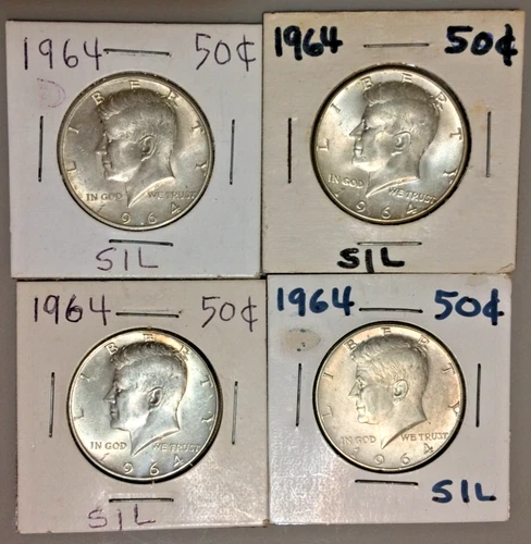 Lot of 4 Beautiful AU/BU 1964 Kennedy Silver Half Dollars. Mixed D and P mint