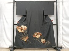 Heiwaya Kimono Luxurious black tomesode piece embroidery fan dance pattern gold