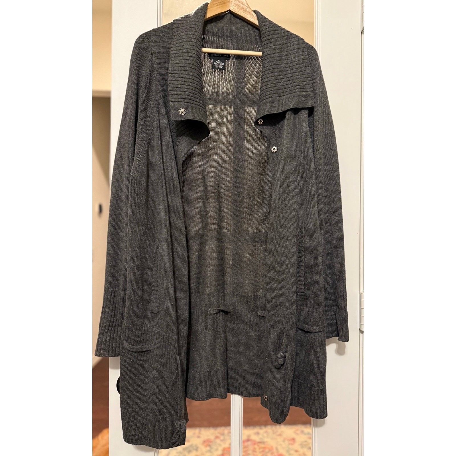 Silk Cashmere Long Cardigan Coatigan Gray XL | Shawl Collar Snap Front Pockets