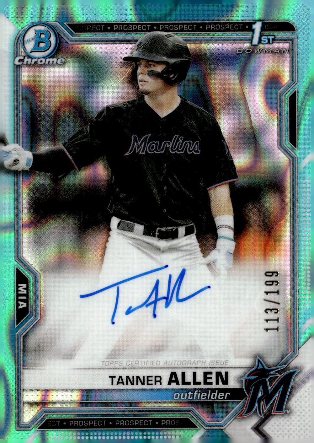 2021 Bowman Draft #CDA-TA Tanner Allen Chrome Auto Aqua Lava Refractor #/199