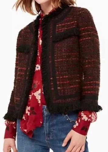 Giacca blazer nuova senza etichette Kate Spade tweed boucle frange metallizzate taglia 2
