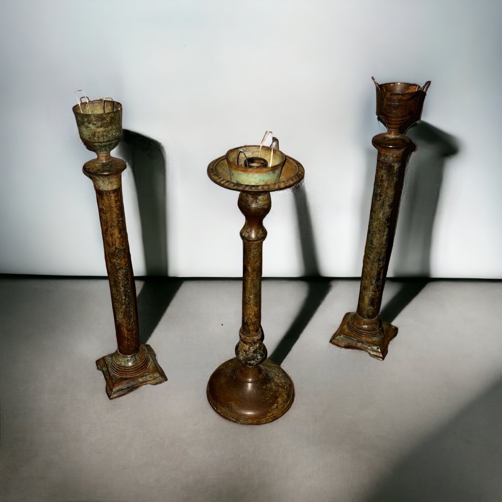 Vtg 3pc Set Brass Church Altar Candlesticks Catholic Fireplace Holiday