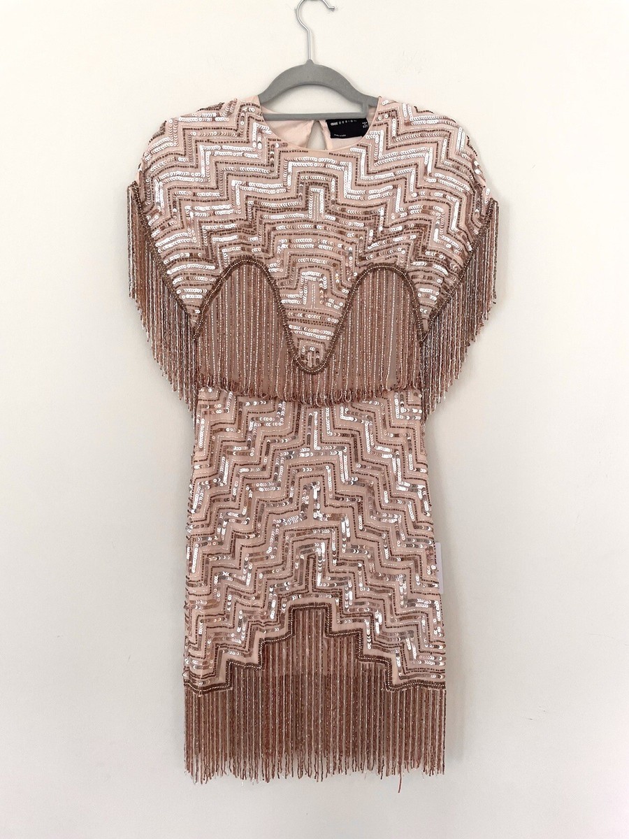 ASOS DESIGN embellished shift mini dress with beaded fringe blush Pink. Size 12 ASOS DESIGN embellished shift mini dress with beaded fringe blush Pink. Size 12